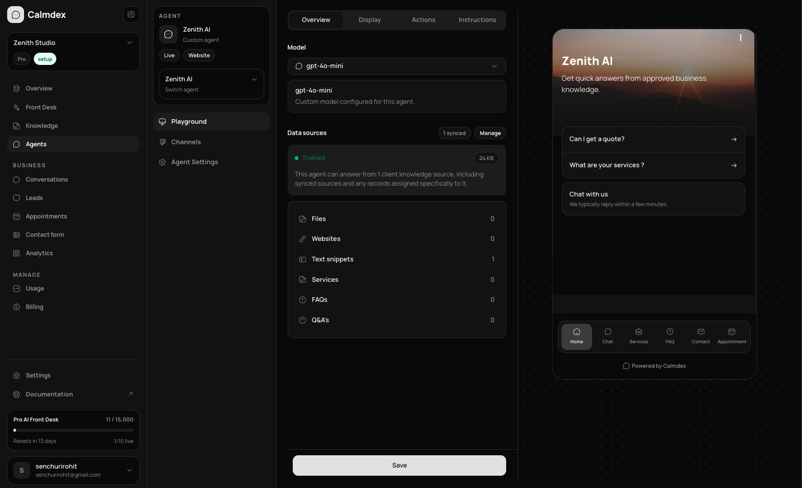 Calmdex platform workspace showing projects, AI assistants, and website widget setup